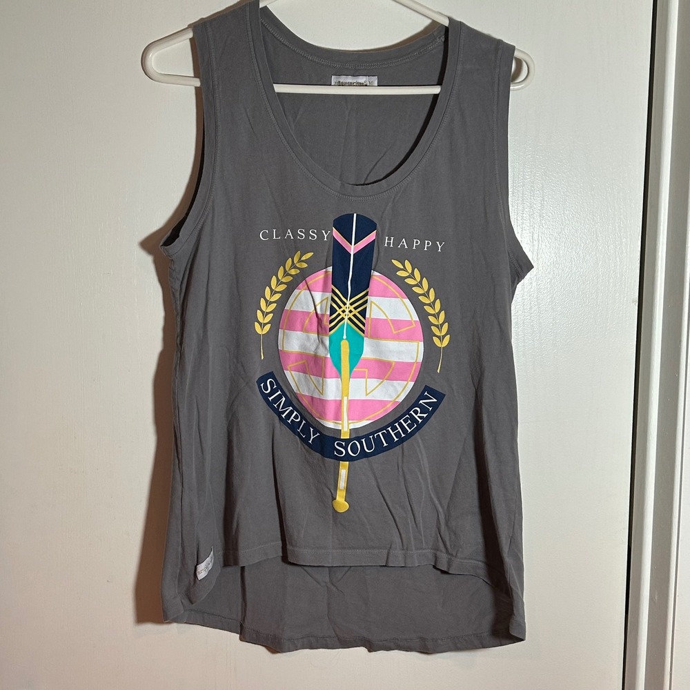 Simply Southern Gray Graphic Tank Top Classy Happy Paddle High Low Womens Medium